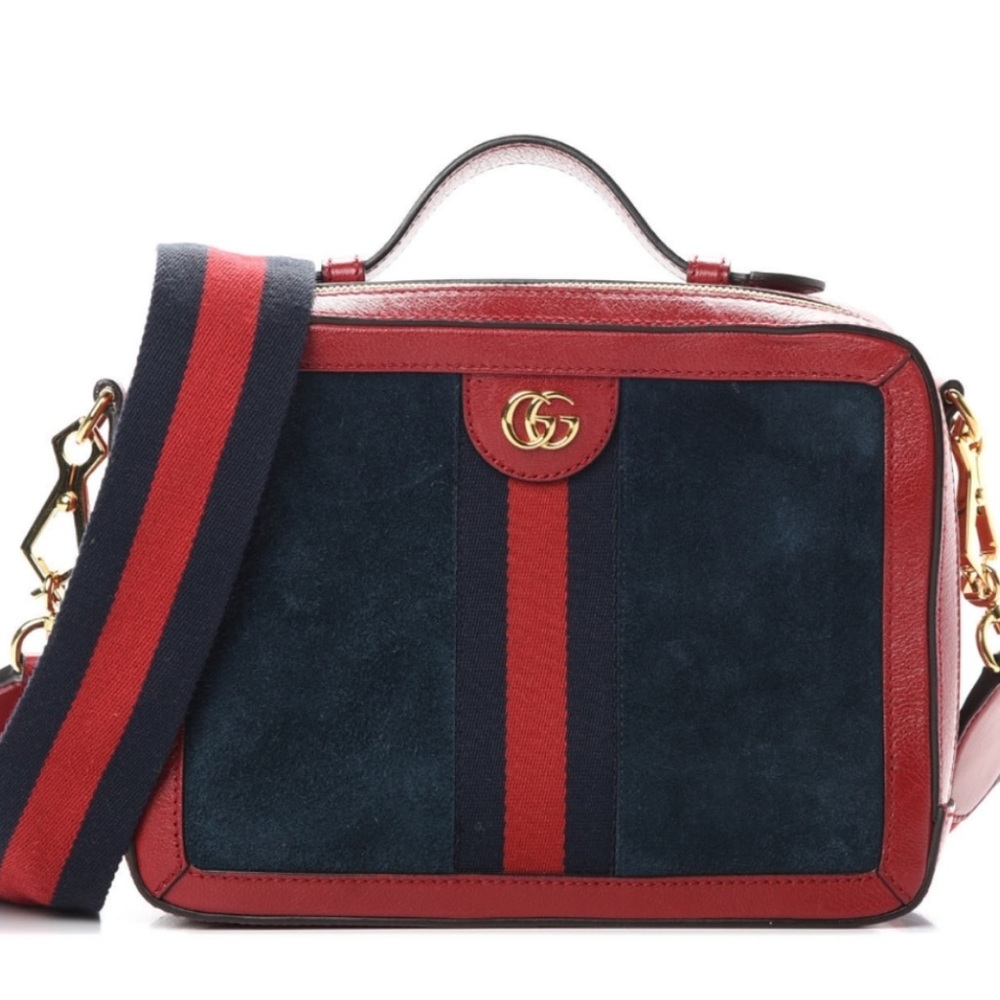 NEW Gucci Shoulder Ophidia Handle Navy Blue/Red Suede Leather Cross Body Bag